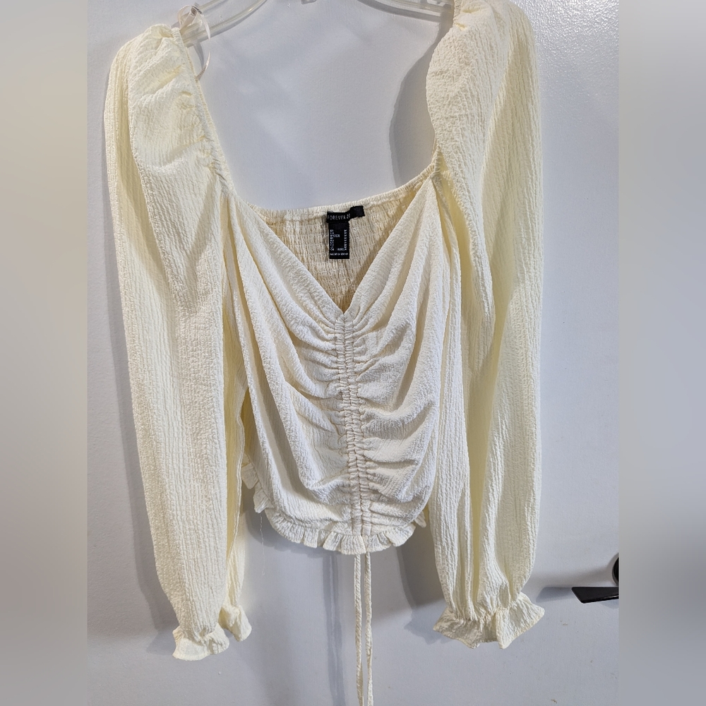 Medium beige ruched drawstring crop top